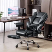 HOMCOM, Scaun de Birou, cu Suport pentru Picioare și Tetieră, din Piele PU, Spumă și Metal, 76x73x117-125 cm, Negru(m-2)