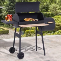 Outsunny Barbecue à Charbon fumoir BBQ Grill Smoker sur Pied avec Couvercle, roulettes, thermomètre, étagères Noir(m-10)