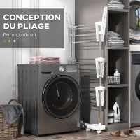 HOMCOM Étendoir à Linge 3 Niveaux, Sechoir a Linge avec 6 Roulettes, Pliable, Cadre en Acier Inoxydable et Ailes Latérales, pour Intérieur Extérieur, 142 x 55 x 152 cm, Blanc(m-6)
