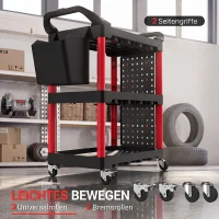 HOMCOM Gereedschapswagen met 3 niveaus, geperforeerde panelen, haken en gereedschapsbak, zwart/rood(m-5)