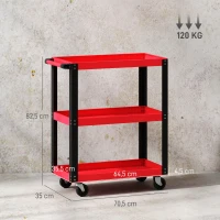 HOMCOM Werkzeugwagen mit 3 Ebenen, Metallrahmen, 120 kg Belastbarkeit, Rollen, Griff, Rot(m-3)