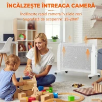HOMCOM Radiator Electric Mică 1000W/2000W cu Termostat Reglabil, 15-20 m², 4 Roți, 79x27x54 cm, Alb(m-6)