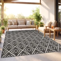 Outsunny Alfombra de Exterior Reversible 182x274 cm con Patrón Geométrico de Rombos Impermeable Bolsa de Transporte Negro(m-9)