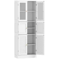 HOMCOM Meuble de salle de bain haut, meuble de rangement avec 6 portes dont 2 vitrées et 2 persiennes, étagère réglable, blanc(m-1)