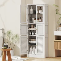 HOMCOM Meuble de salle de bain haut, meuble de rangement avec 6 portes dont 2 vitrées et 2 persiennes, étagère réglable, blanc(m-2)