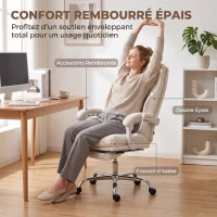 HOMCOM Chaise Bureau Ergonomique, Fauteuil de Bureau Inclinable en Chenille, Hauteur Réglable, Repose-Pieds, Crème(m-4)