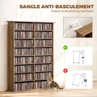 HOMCOM Rangements pour CD et DVD avec 16 compartiments et 12 étagères réglables capacité max. 720 CD/396 DVD et Blu-ray noyer(m-6)