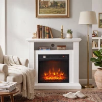 HOMCOM Șemineu Electric 1800 W, Efect flacără cu 3 niveluri de luminozitate, Șemineu fals cu raft, Aspect lemn alb(m-6)