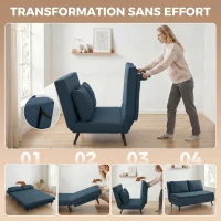 HOMCOM Canapé Convertible 2 Places, Canapé-Lit Clic-Clac 3 en 1 avec Dossier Réglable, Oreiller, Assise Large, Bleu(m-4)