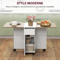 HOMCOM Table à manger pliable pour 6 personnes, table de cuisine sur roulettes avec 2 tiroirs 2 placards, 140x76x74cm, blanc(m-4)