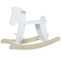 HOMCOM Cheval à Bascule en Bois - Jeu à Bascule Avec Poignées, Repose-Pied et Butées - MDF Contreplaqué Blanc et Bois Naturel(m-11)