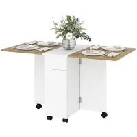 HOMCOM Table à manger pliable pour 6 personnes, table de cuisine sur roulettes avec 2 tiroirs 2 placards, 140x76x74cm, blanc(m-12)