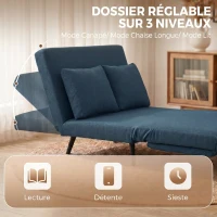HOMCOM Canapé Convertible 2 Places, Canapé-Lit Clic-Clac 3 en 1 avec Dossier Réglable, Oreiller, Assise Large, Bleu(m-5)