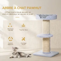 PawHut Arbre à chat avec griffoir centre d'activités 2 plateformes coussin bleu clair(m-4)