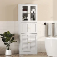 HOMCOM Meuble de salle de bain haut, meuble de rangement avec 6 portes dont 2 vitrées et 2 persiennes, étagère réglable, blanc(m-10)