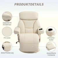 HOMCOM Relaxfauteuil met ligfunctie, bekerhouder en zijvak voor woonkamer of slaapkamer – crème(m-5)