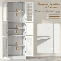HOMCOM Meuble de salle de bain haut, meuble de rangement avec 6 portes dont 2 vitrées et 2 persiennes, étagère réglable, blanc(m-5)
