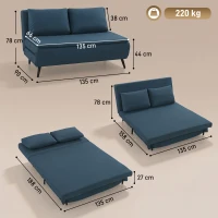 HOMCOM Canapé Convertible 2 Places, Canapé-Lit Clic-Clac 3 en 1 avec Dossier Réglable, Oreiller, Assise Large, Bleu(m-3)
