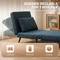 HOMCOM Fauteuil Convertible 1 Place, Fauteuil-Lit Clic-Clac 3 en 1 avec Dossier Réglable, Oreiller, Assise Large, Bleu(m-5)