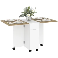 HOMCOM Table à manger pliable pour 6 personnes, table de cuisine sur roulettes avec 2 tiroirs 2 placards, 140x76x74cm, blanc(m-11)