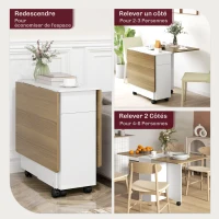 HOMCOM Table à manger pliable pour 6 personnes, table de cuisine sur roulettes avec 2 tiroirs 2 placards, 140x76x74cm, blanc(m-5)