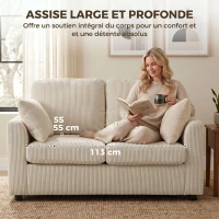 HOMCOM Canapé 2 Places en Velours Côtelé, Canapé de Salon 144 cm avec Assise Large Rembourrée, 2 Oreillers, Beige(m-6)