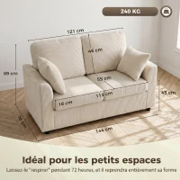 HOMCOM Canapé 2 Places en Velours Côtelé, Canapé de Salon 144 cm avec Assise Large Rembourrée, 2 Oreillers, Beige(m-3)