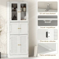HOMCOM Meuble de salle de bain haut, meuble de rangement avec 6 portes dont 2 vitrées et 2 persiennes, étagère réglable, blanc(m-7)