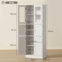 HOMCOM Meuble de salle de bain haut, meuble de rangement avec 6 portes dont 2 vitrées et 2 persiennes, étagère réglable, blanc(m-3)