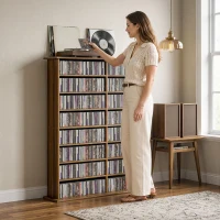 HOMCOM Rangements pour CD et DVD avec 16 compartiments et 12 étagères réglables capacité max. 720 CD/396 DVD et Blu-ray noyer(m-9)