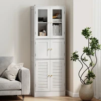 HOMCOM Meuble de salle de bain haut, meuble de rangement avec 6 portes dont 2 vitrées et 2 persiennes, étagère réglable, blanc(m-8)