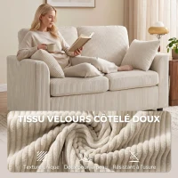 HOMCOM Canapé 2 Places en Velours Côtelé, Canapé de Salon 144 cm avec Assise Large Rembourrée, 2 Oreillers, Beige(m-5)