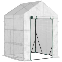 Outsunny kunststof kas met 4 planken en stalen frame, wit, 143 x 143 x 195 cm(m-1)