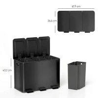 HOMCOM Mülleimer mit 3 x 15L Fächern, Deodorant-Deckel, fingerabdrucksicher, Soft-Close, herausnehmbar, Schwarz(m-3)