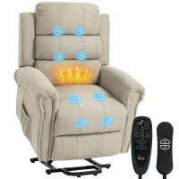 HOMCOM Massagesessel mit Aufstehhilfe, Relaxsessel, Vibrationsköpfe, mit Neigefunktion, Leinenoptik, Beige(m-12)