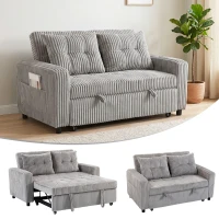 HOMCOM 2-Sitzer Sofabett, Cordbezug, zum Schlafsofa umwandelbar, 2 Kissen, Seitentaschen, 157 x 190 cm, Hellgrau(m-11)