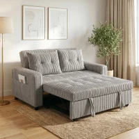 HOMCOM 2-Sitzer Sofabett, Cordbezug, zum Schlafsofa umwandelbar, 2 Kissen, Seitentaschen, 157 x 190 cm, Hellgrau(m-2)