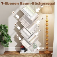 HOMCOM Bücherregal Standregal mit 7 Ebenen Schmal Regal im Baumform für Büro, Rustikal Weiß(m-4)