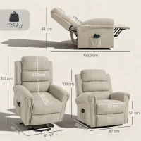 HOMCOM Massagesessel mit Aufstehhilfe, Relaxsessel, Vibrationsköpfe, mit Neigefunktion, Leinenoptik, Beige(m-3)