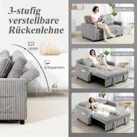 HOMCOM 2-Sitzer Sofabett, Cordbezug, zum Schlafsofa umwandelbar, 2 Kissen, Seitentaschen, 157 x 190 cm, Hellgrau(m-5)