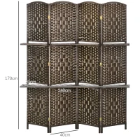HOMCOM Biombo Separador de Ambientes 4 Paneles 160x170 cm con 2 Estantes de Exhibición Pantalla de Privacidad Plegable Marrón(m-3)