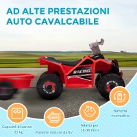 HOMCOM Quad Elettrico per Bambini con Rimorchio, Pedale, Marce Avanti e Indietro, 2.5 km/h, per 18-36 Mesi, Rosso(m-6)