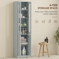 HOMCOM Tall Bathroom Storage Cabinet, 6-Tier Slim Bathroom Cabinet with Adjustable Shelf, 4 Soft-Close Doors, Dusty Blue(m-5)