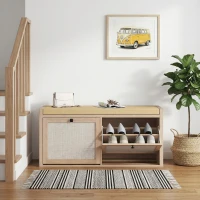 HOMCOM Rattan Shoe Bench with Padded Cushion and 2 Cabinets for Hidden Storage, Oak Wood Effect(m-9)