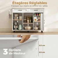 HOMCOM Îlot de cuisine avec plateau rabattable, chariot à roulettes 2 tiroirs, 3 portes, porte-racks et porte-serviettes, blanc(m-6)
