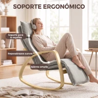 HOMCOM Silla Mecedora con Reposapiés Ajustable en 5 Posiciones Reposabrazos de Madera Acolchado Doble Capa Gris Claro(m-6)
