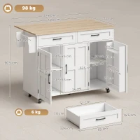 HOMCOM Îlot de cuisine avec plateau rabattable, chariot à roulettes 2 tiroirs, 3 portes, porte-racks et porte-serviettes, blanc(m-3)