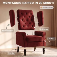 HOMCOM Poltrona da Salotto in Velluto con Ampia Seduta e Gambe in Legno di Eucalipto, Rosso Vino(m-7)