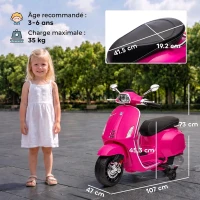 AIYAPLAY Scooter électrique enfant Vespa 6 V dim. 107L x 47l x 73H cm Musique MP3 Port USB Phare 2 roues d'entraînement - Rose(m-3)