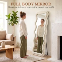 HOMCOM Full Length Mirror, 160 x 60 cm Wavy Full Body Wall Standing Mirror with Velvet Frame and Tempered Glass, Cream White(m-5)